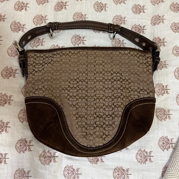Coach Handbags - Coach Brown Suede & Leather Signature Logo Bag with Silver Hardware